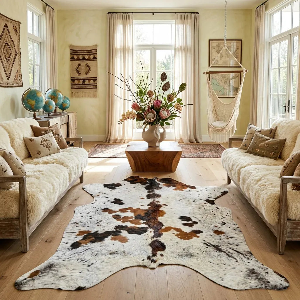 Large Tricolor Cowhide Rug Size 5.8x 6.6 ft - 5304J
