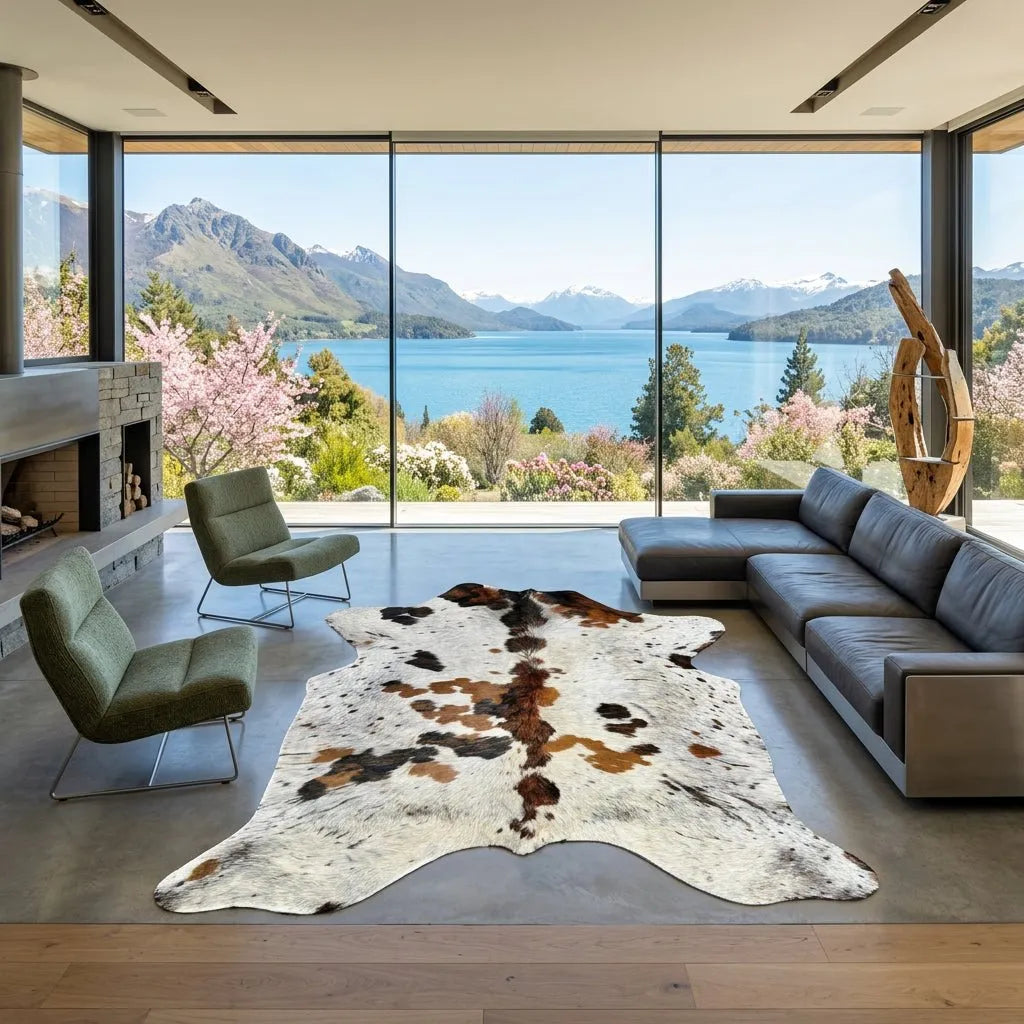 Large Tricolor Cowhide Rug Size 5.8x 6.6 ft - 5304J