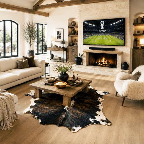 Large Tricolor Cowhide Rug Size 5.9x 6.8 ft - 5336O