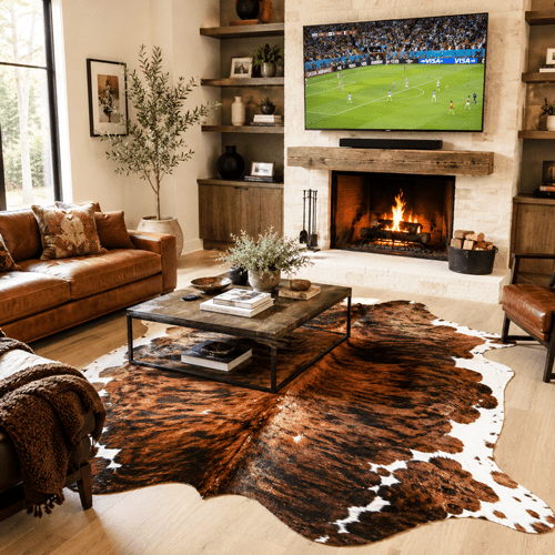 Large Tricolor Cowhide Rug Size 6.1x 7.1 ft - 5335O