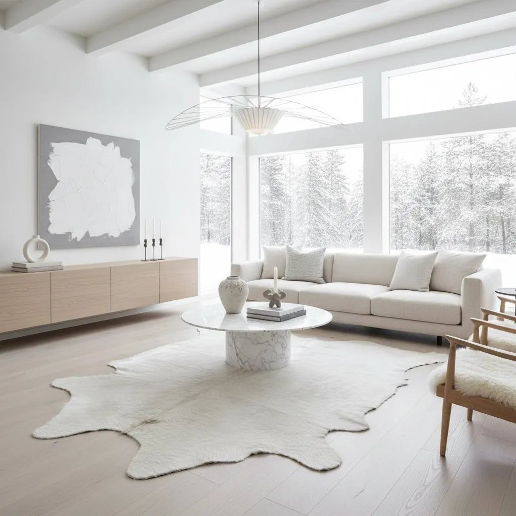 Large White Cowhide Rug Size 6.9x 7.3 ft - 5283