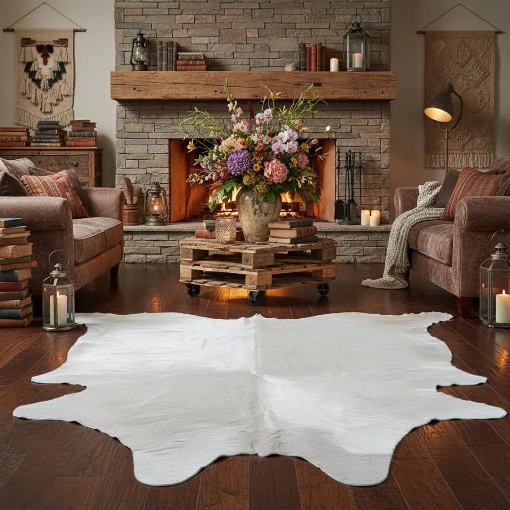 Large White Cowhide Rug Size 6.9x 7.3 ft - 5283