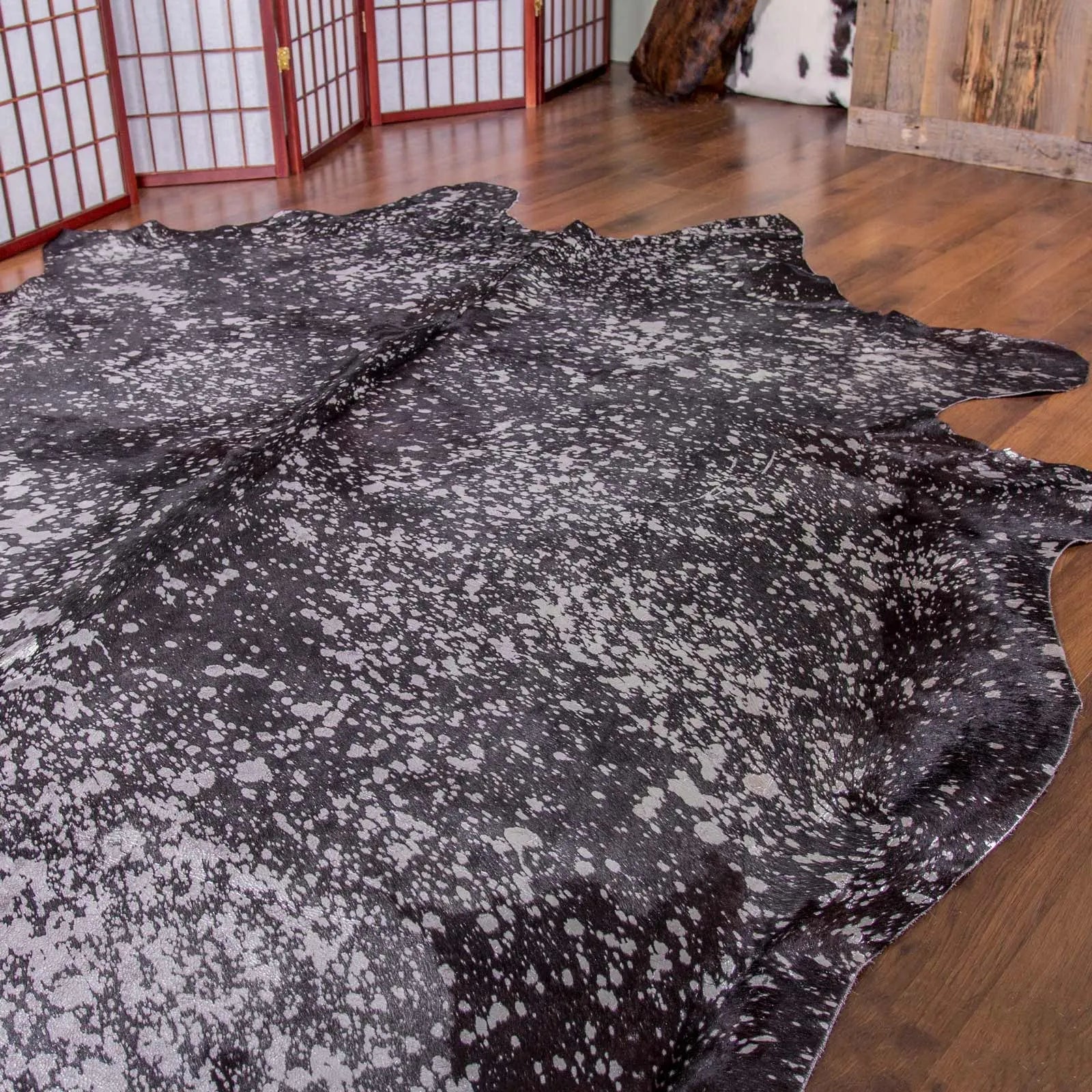 Metallic Silver on Black Cowhide Rug