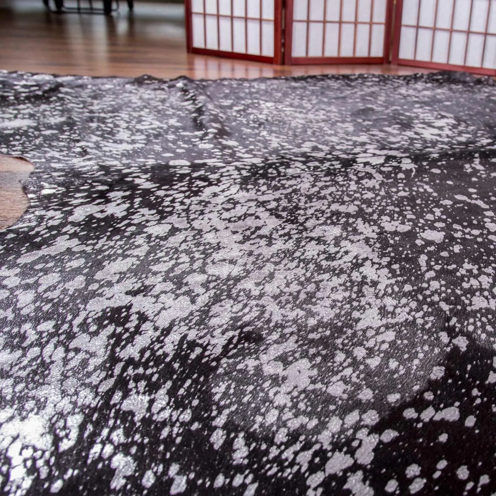 Metallic Silver on Black Cowhide Rug