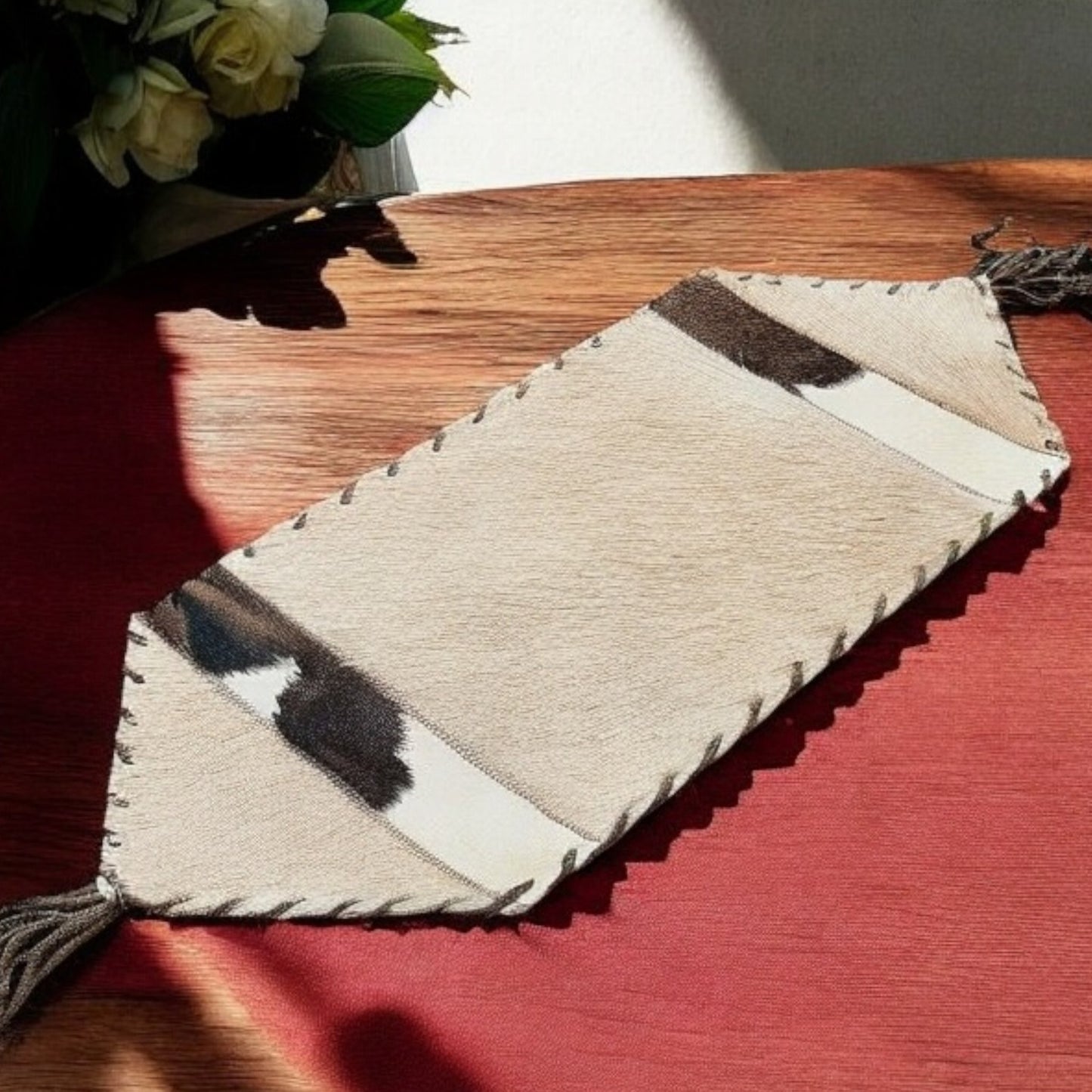 Natural Tone Genuine Cowhide Table Runner with Leather Stitching