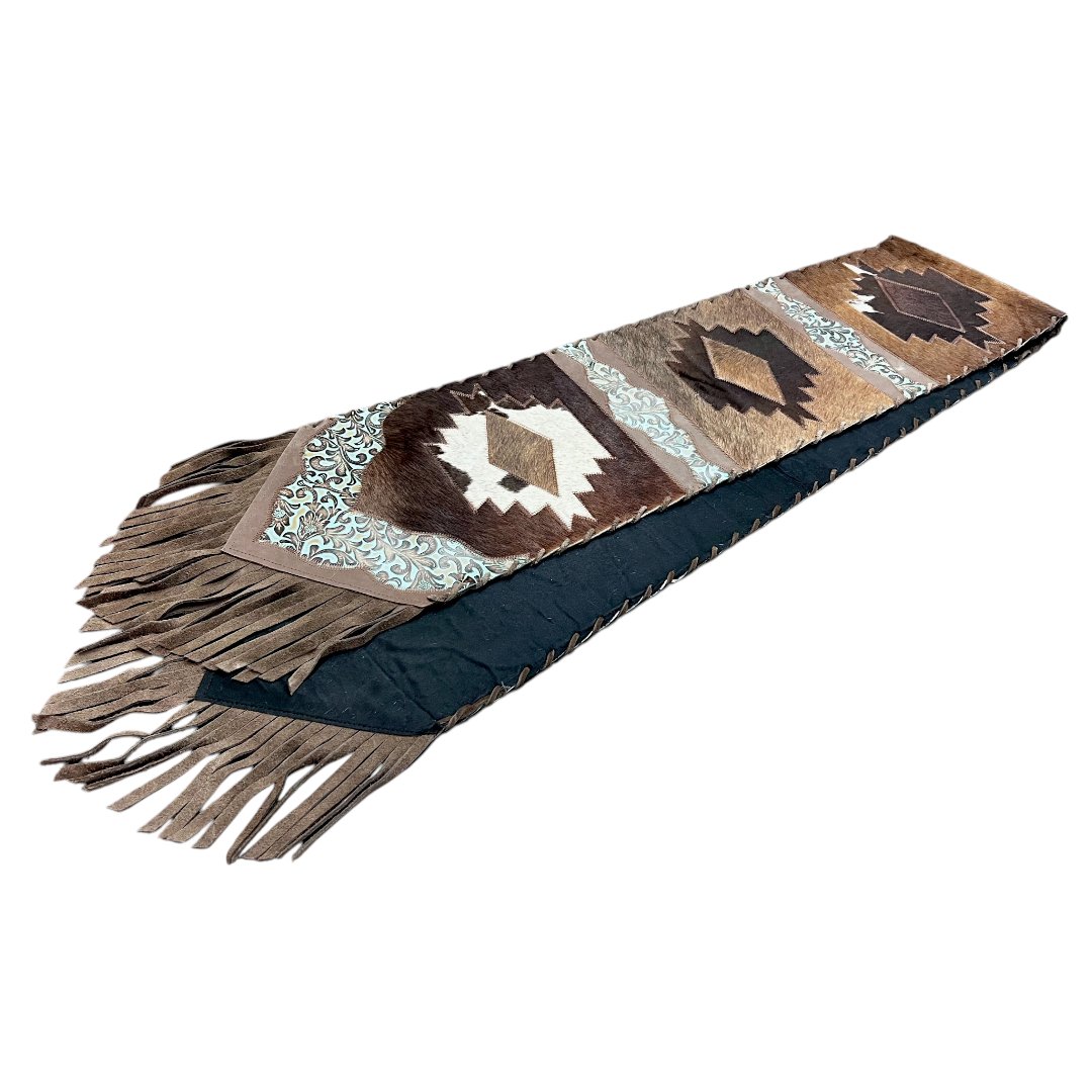 Southwestern Cowhide Table Runner with Geometric Design & Fringe