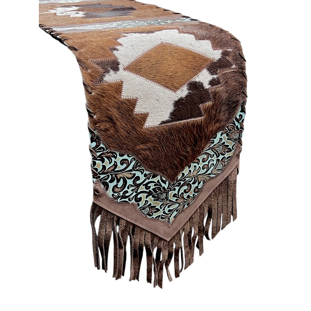 Southwestern Cowhide Table Runner with Geometric Design & Fringe