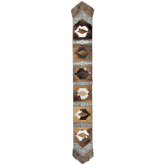 Southwestern Cowhide Table Runner with Geometric Design & Fringe