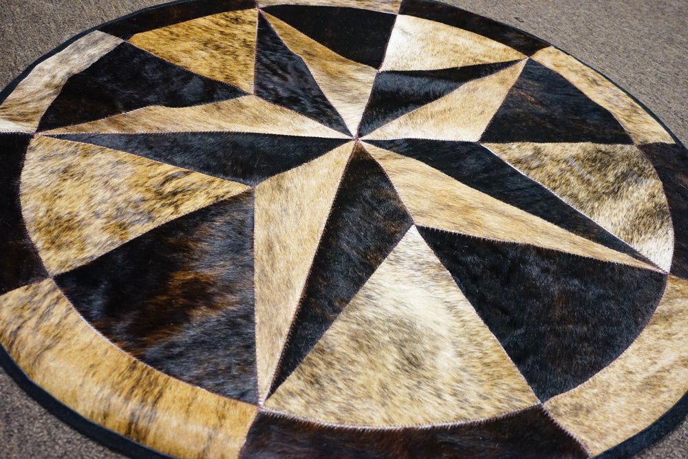 Texas Star Round Cowhide Patchwork Rug - Rodeo Cowhide RugsDark Brown