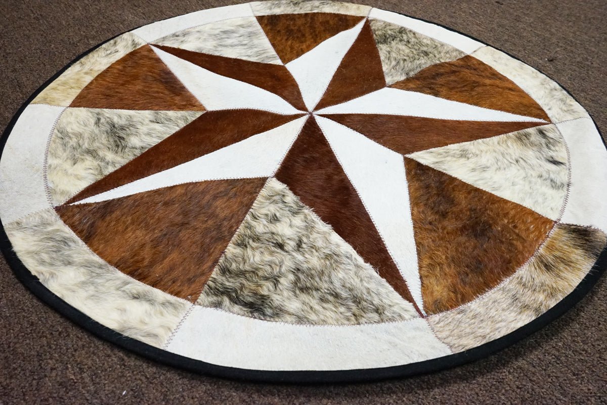 Texas Star Round Cowhide Patchwork Rug - Rodeo Cowhide RugsLight Brown
