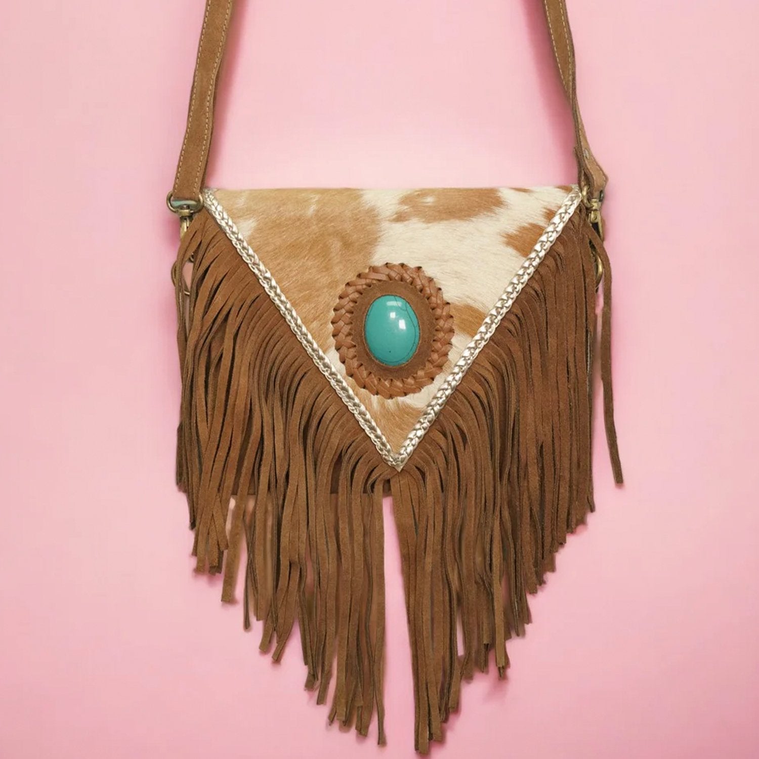 Triangle Cowhide purse with fringe - Rodeo Cowhide RugsBrown
