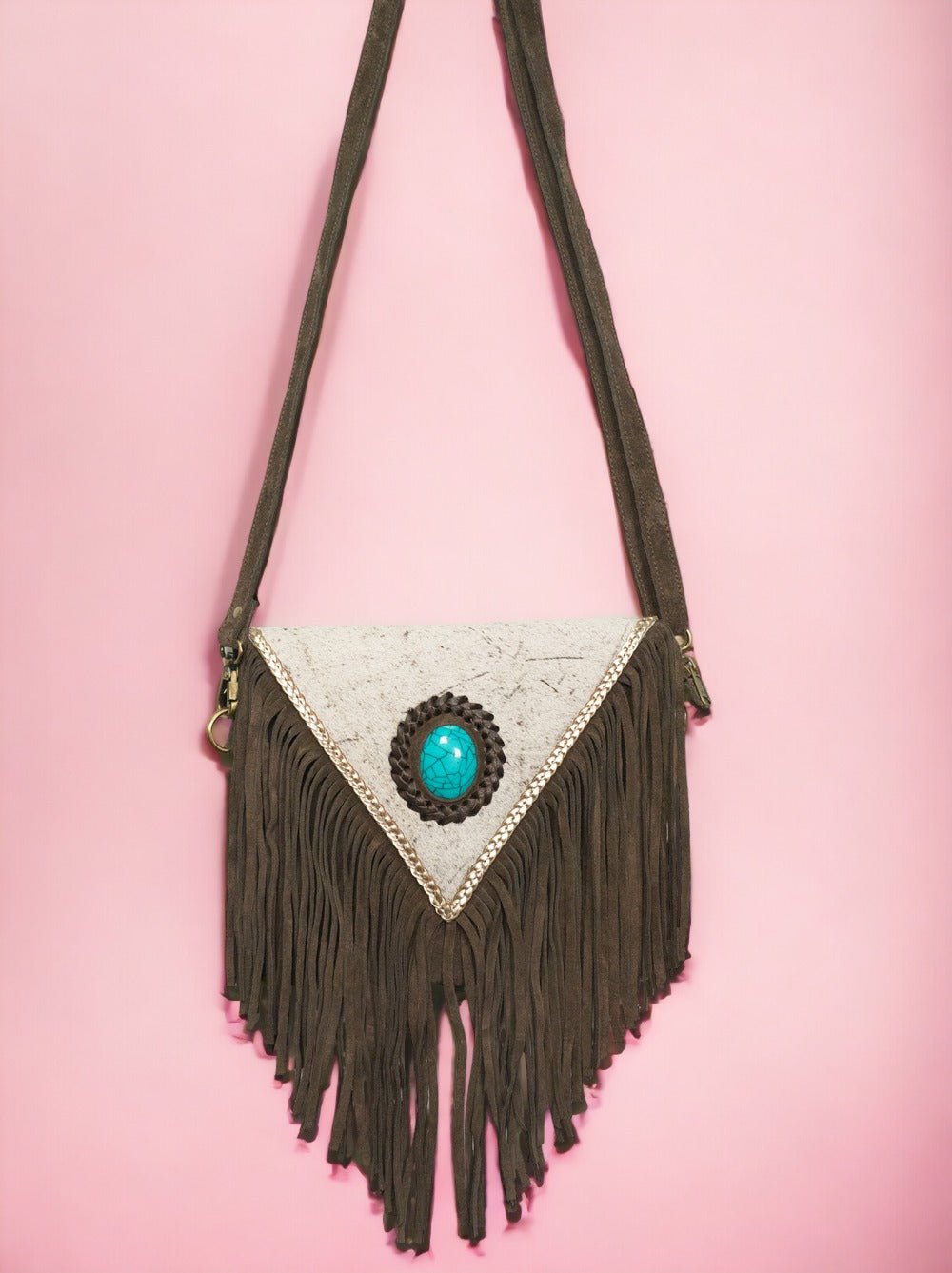 Triangle Cowhide purse with fringe - Rodeo Cowhide RugsChocolate