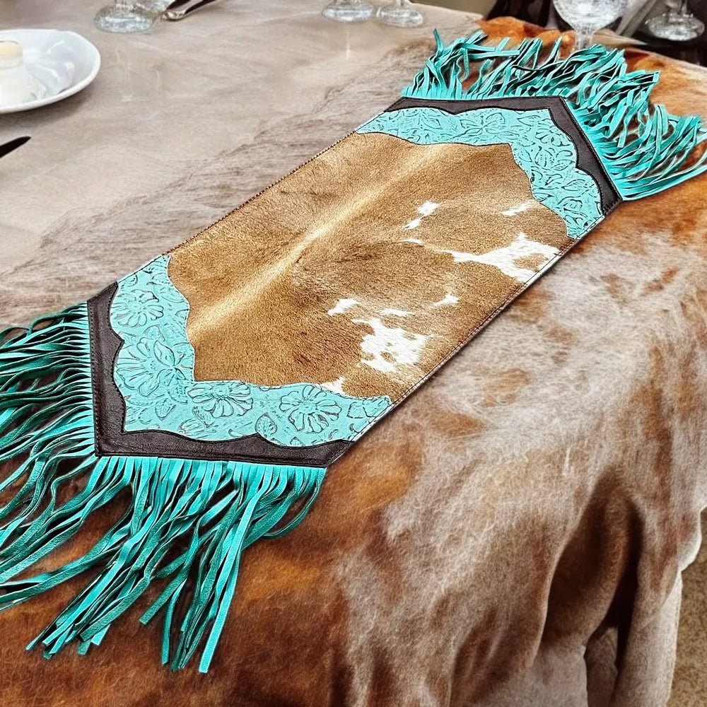 Turquoise Fringe Genuine Cowhide Table Runner