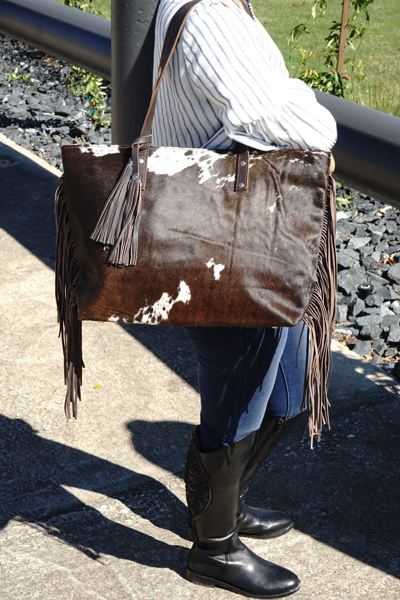 Genius leather hair on cowhide women's shoulder bag with fringes - Rodeo Cowhide Rugs